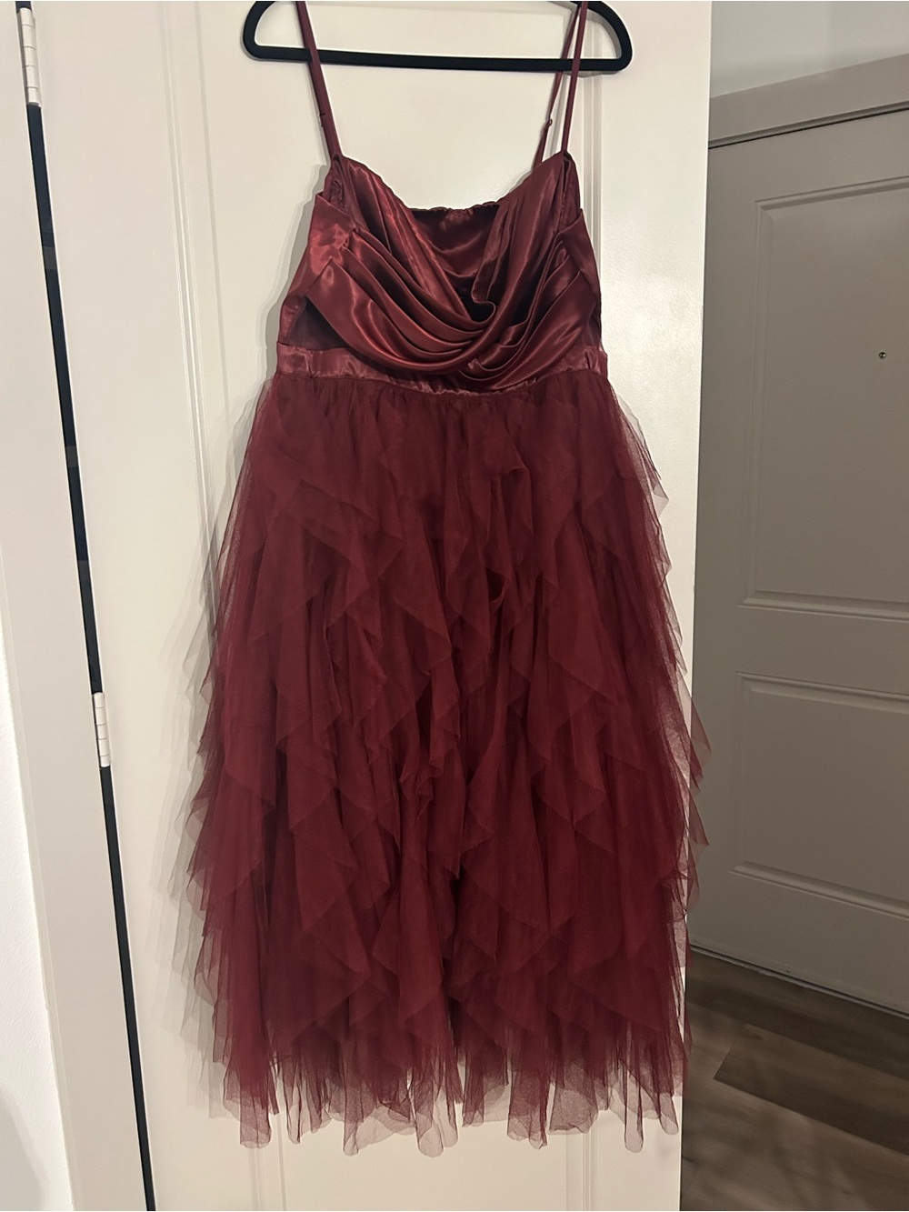 Fashion Nova Satin & Tulle Dress in Burgundy